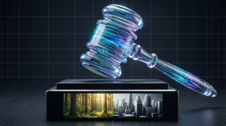 A transparent digital gavel striking an AI prompt box, illustrating the legal authorship paradox and the division between public domain and copyrighted AI art.
