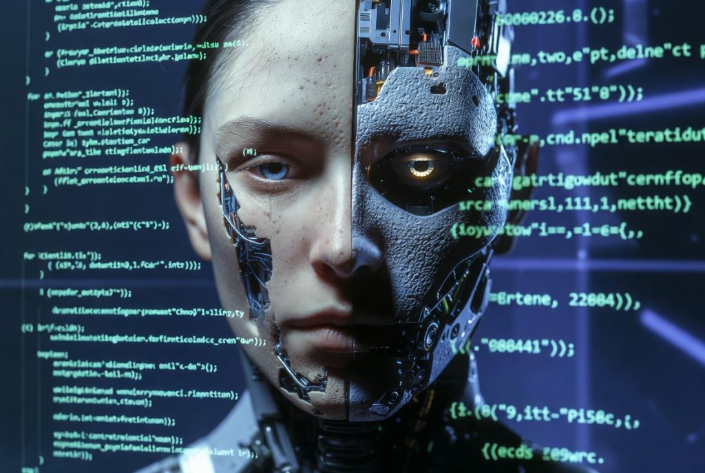 AI facial recognition mapping on a human face, illustrating how deepfake technology analyzes and replicates facial features